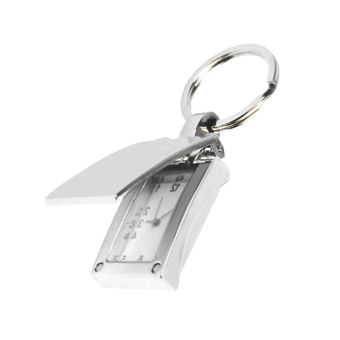 A silver key ring featuring a small watch with a hinged cover, displaying a white clock face.
