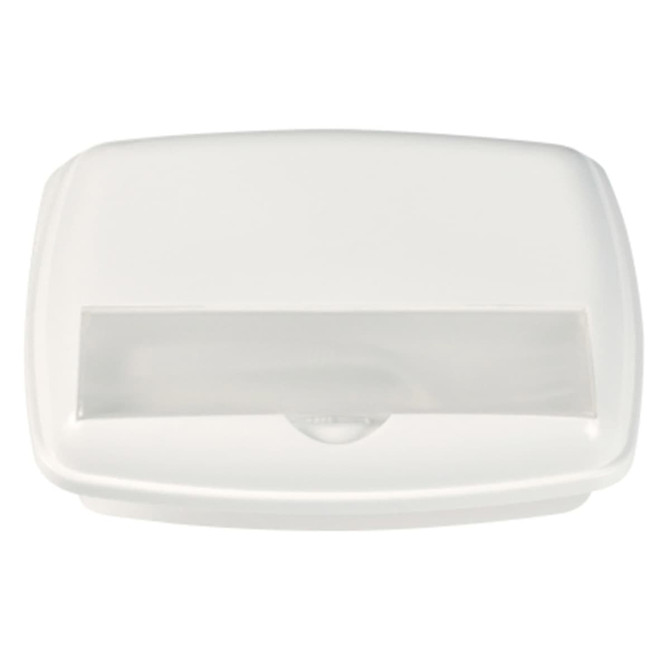 A white three-section lunch box with a transparent lid and a small logo.