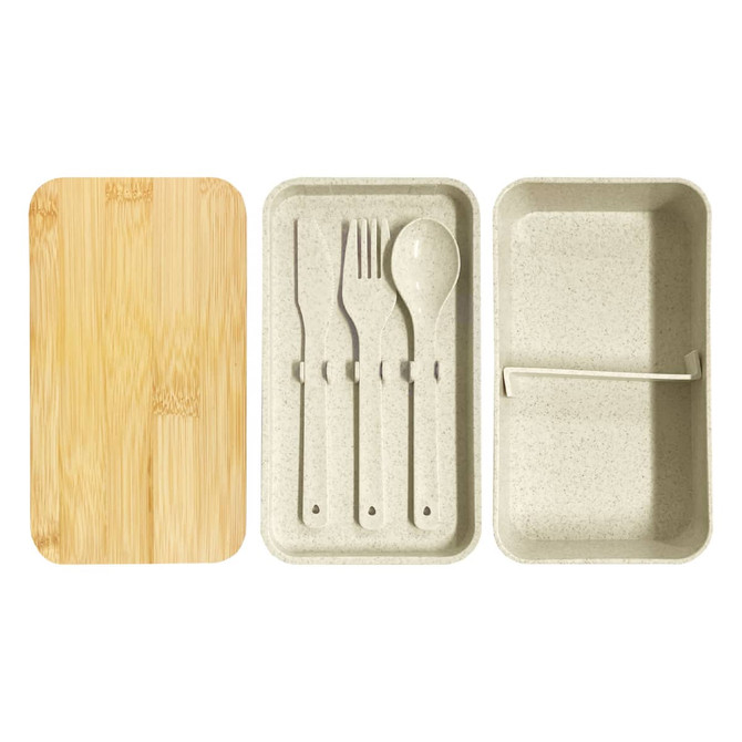 A wheat straw lunch box pack in beige with a bamboo lid and included utensils: fork, knife, and spoon.