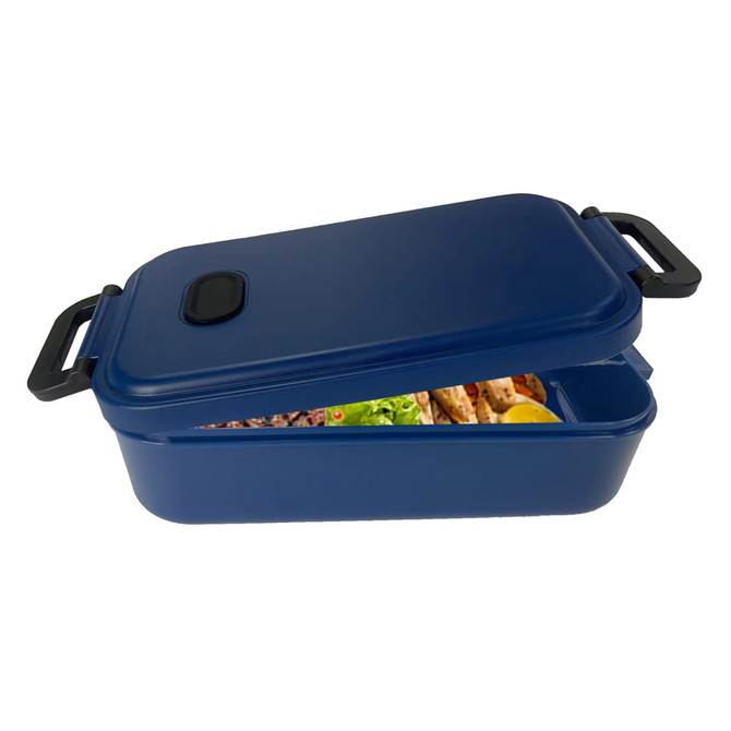 A navy blue lunch box with a lid slightly open, revealing compartments filled with food and a small logo.