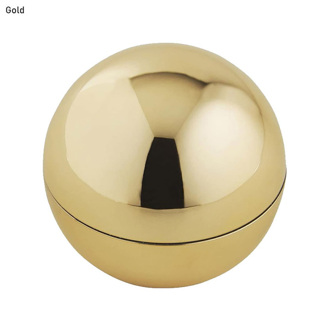 A shiny gold lip balm container in a spherical shape, featuring a smooth surface and a hinge.
