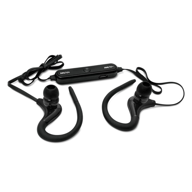 Black Bluetooth earbuds with a control panel and hooks for a secure fit. The product includes a branding logo.