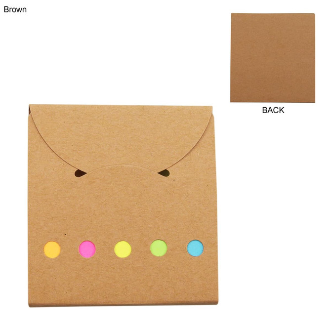 A brown sticky note pad with a flap, featuring five vibrant coloured dots: pink, yellow, green, blue, and orange.