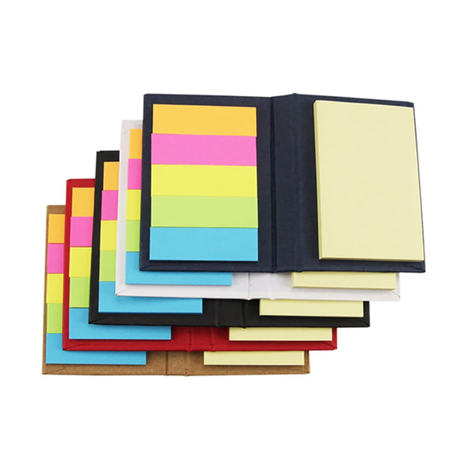 A collection of mini sticky note pads in various colours, including pink, blue, yellow, and more, featuring a logo.