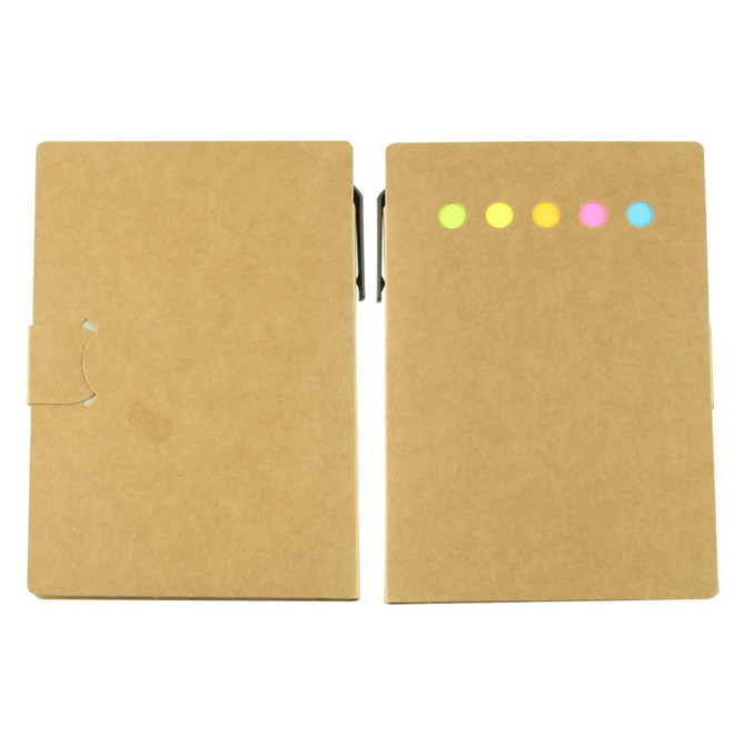 A sticky note pad with a brown cover and colourful sticky flags in pink, yellow, and blue. It has a logo on the front.