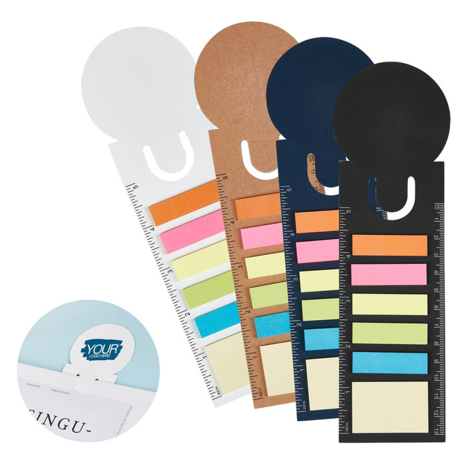 A set of bookmark ruler sticky note pads in white, brown, dark blue, and black, featuring various coloured sticky notes.