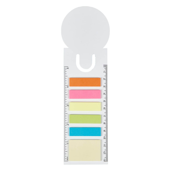 A bookmark ruler sticky note pad featuring various coloured sticky notes and a ruler on the side. It has a circular top section.