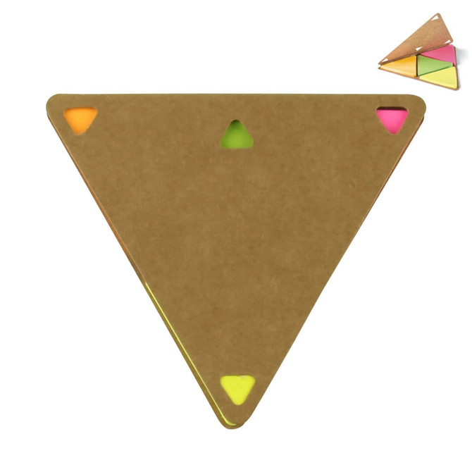 A triangular sticky note holder in brown with colourful sticky notes in neon pink, green, and orange. Includes a logo.