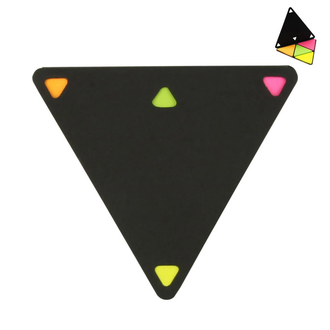 A triangular sticky note in black with neon pink, orange, and green corner accents and a logo in the top corner.
