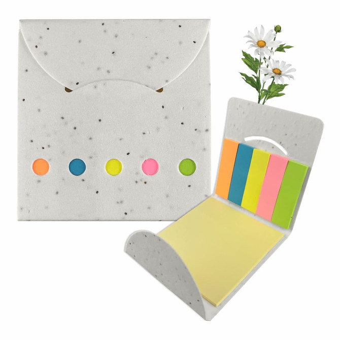 A sticky note pad with a speckled white holder, featuring bright coloured sticky notes and a daisy decoration.