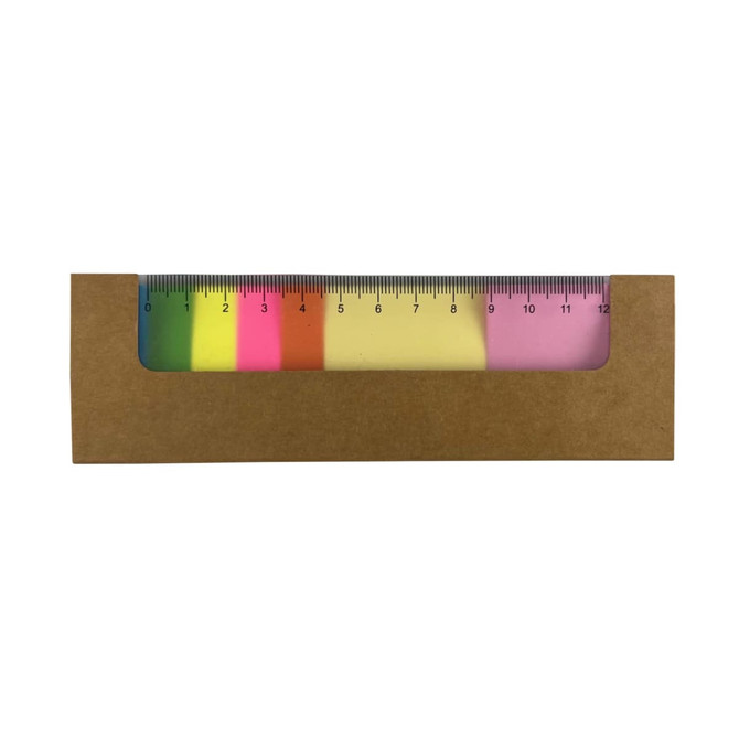 A sticky note pad featuring vibrant colours, including pink, yellow, green, and orange, inside a brown packaging.