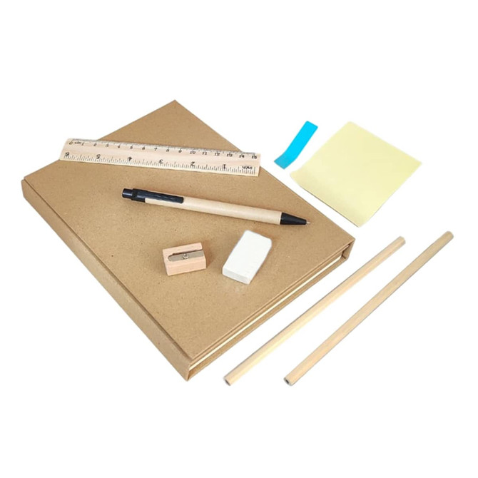 A brown stationery set featuring a notebook, pen, pencil, ruler, sharpener, eraser, sticky notes, and two wooden sticks.