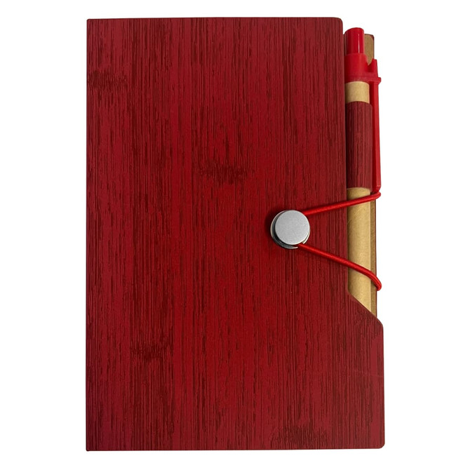 A red sticky note pad with a textured finish, featuring a pen secured by an elastic band on the side.