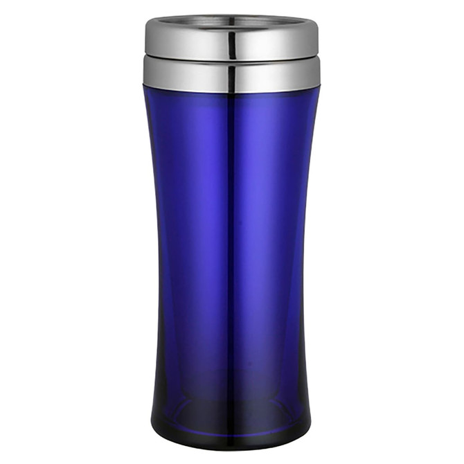 A travel mug in a sleek blue design with a stainless steel lid. It features a logo.