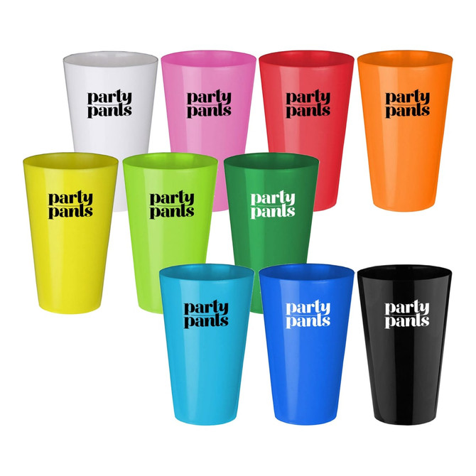 A collection of ten plastic cups in various colours including white, pink, red, orange, green, blue, and black, featuring a logo.