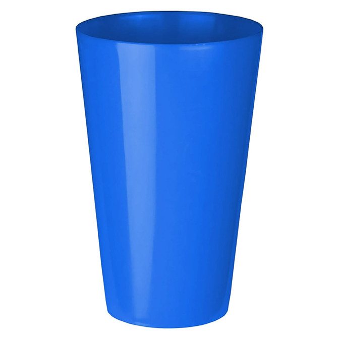 A blue plastic cup with a smooth finish and a slightly tapered design. It features a logo.