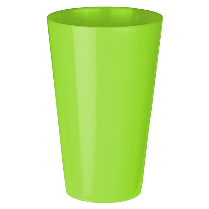 A bright green plastic cup with a smooth finish and a slightly tapered design. Features a logo on the side.