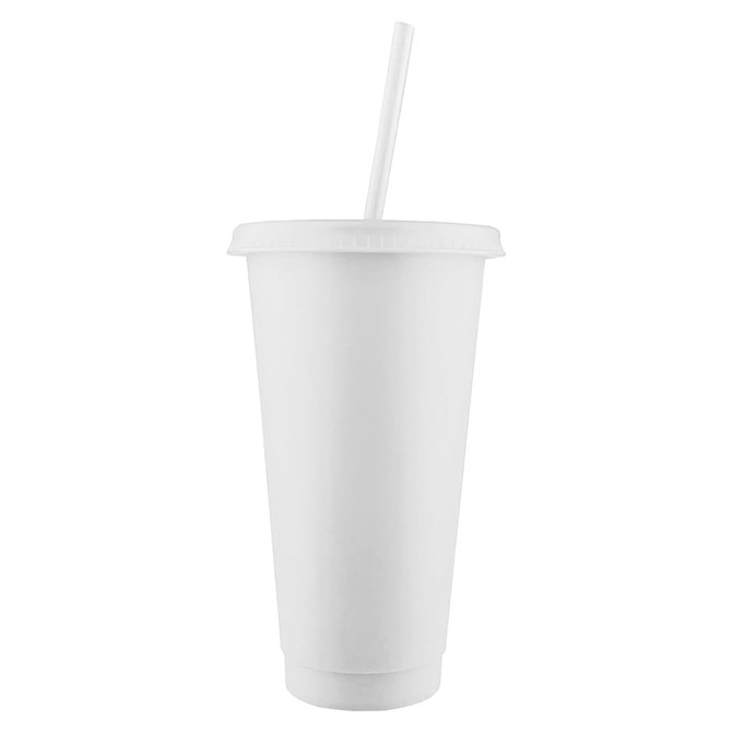 A drink tumbler in solid white with a lid and straw, featuring a logo on the surface.