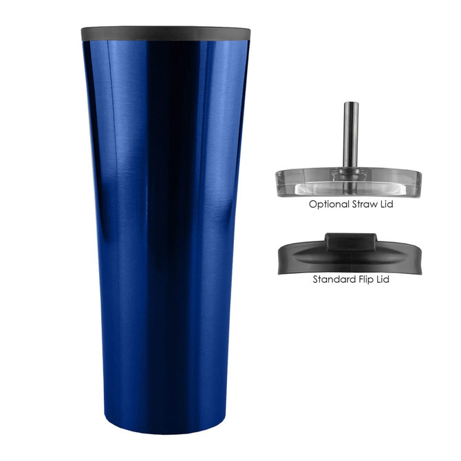 A drink bottle in glossy blue with a standard flip lid and an optional straw lid displayed alongside.