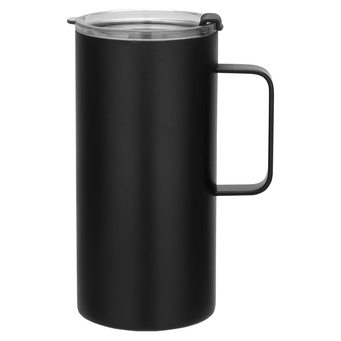 A travel mug in matte black with a clear lid and a sturdy handle. It features a logo on the surface.