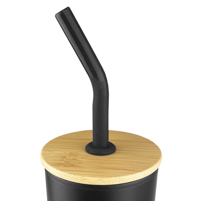 A black travel mug with a bamboo lid and a black straw. It features a logo on the side.