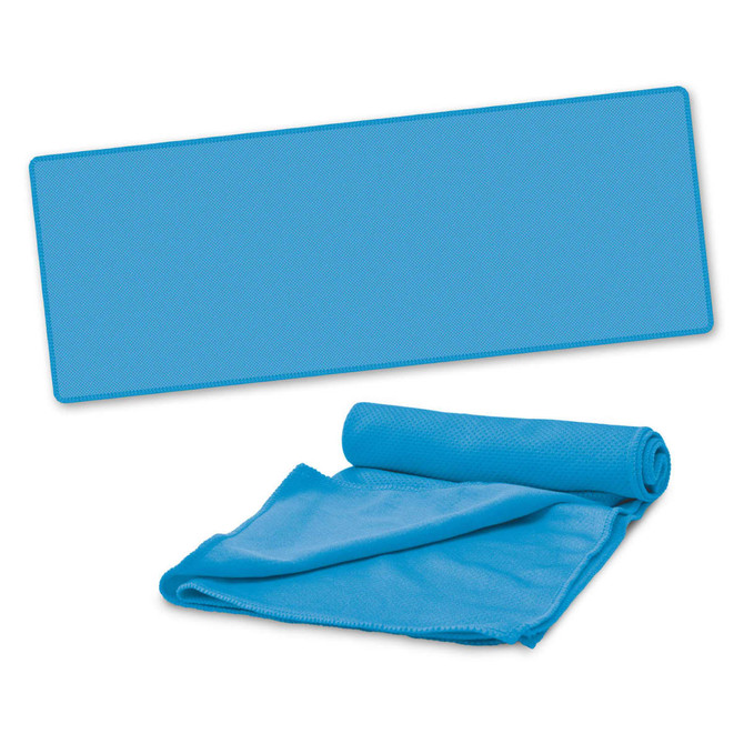 A blue active cooling towel rolled up and laid out flat, featuring a textured surface and an attached pouch.