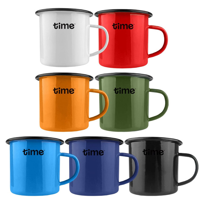 A set of enamel camper mugs in white, red, green, orange, black, and blue, featuring various designs and a logo.