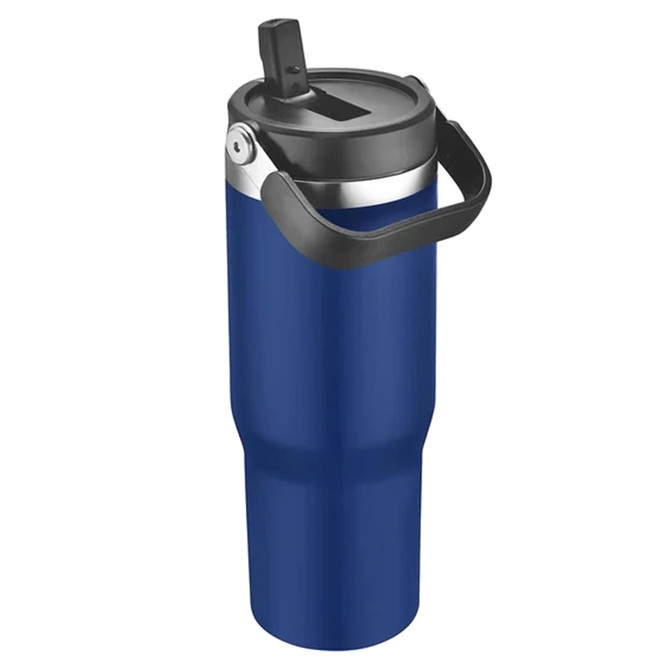 A travel mug in a vibrant blue hue with a black lid and handle. It features a logo on the side.