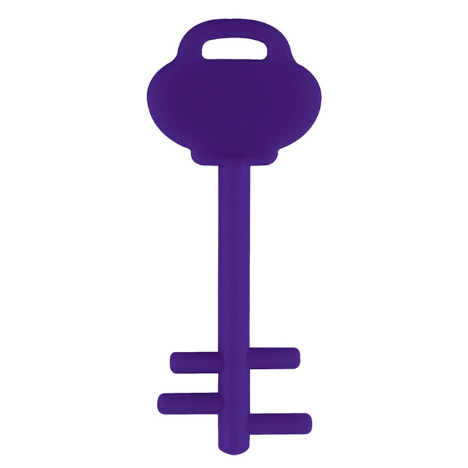 A purple mobile key stand with a key shape and a handle. The product features a minimalist design.