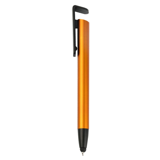 An orange plastic pen with a black clip and tip. The pen features a sleek design and has a logo.