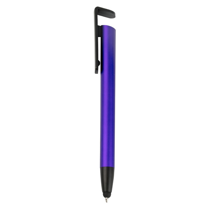 A purple stylus pen with a black clip and tip, featuring a logo on the barrel.