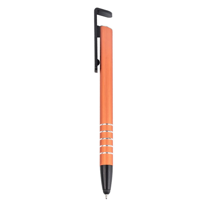 An orange metal stylus pen with a black clip and three silver rings near the tip.