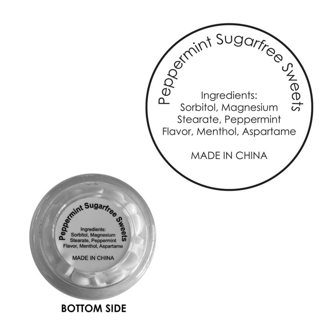 A clear mint jar with a screw lid containing sugar-free peppermint sweets, featuring a logo.