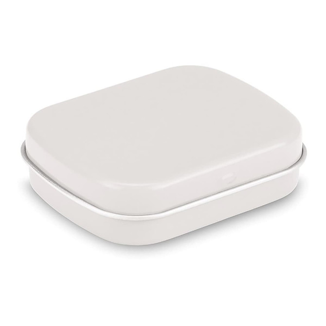 A rectangular mint tin in a sleek white finish with rounded edges. The tin has a lid and features branding.