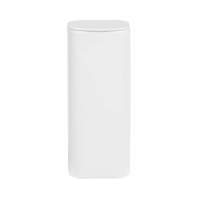 A white flip top mint tin with a smooth surface and rounded edges, featuring a logo.