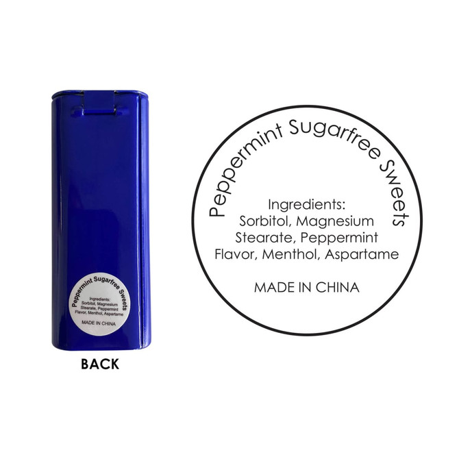 A blue flip-top tin containing sugar-free peppermint mints, featuring a label with ingredients.