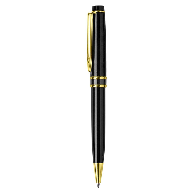 A metal pen in black with gold accents and a clip, features a sleek, polished design.