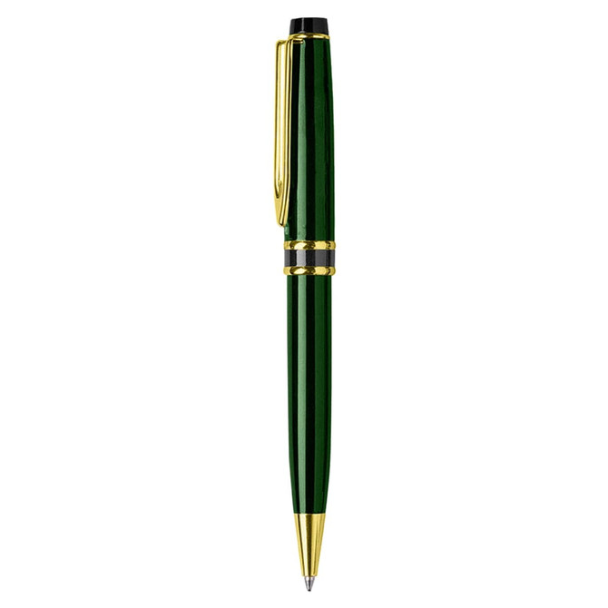A green metal pen with gold accents and a sleek design, featuring a logo on the body.
