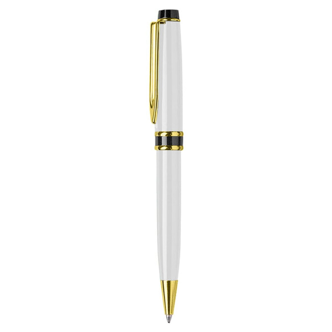 A metal pen in white with gold accents, featuring a clip and a black tip, displayed against a plain background.