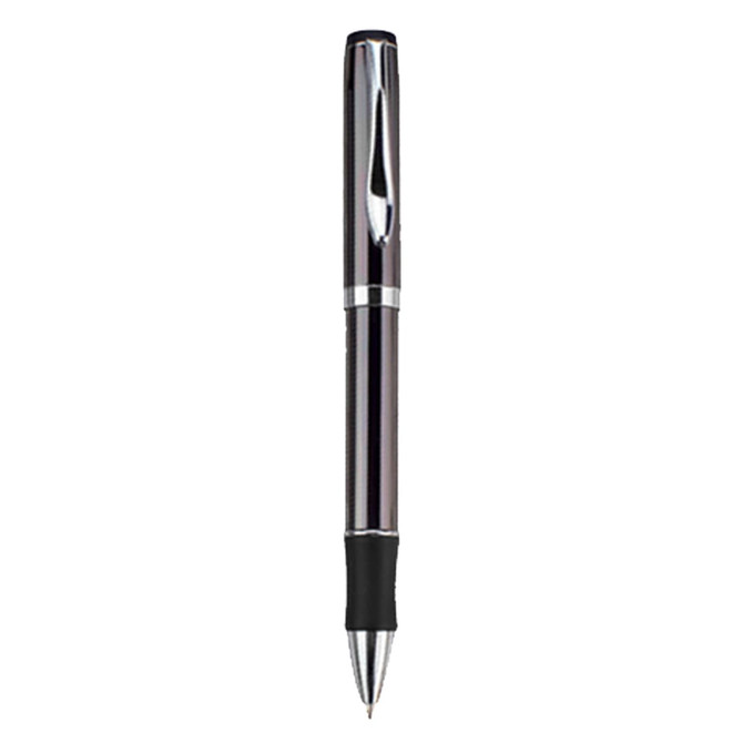 A metal pen in sleek silver with a black grip. The pen features a shiny finish and has a branding logo.