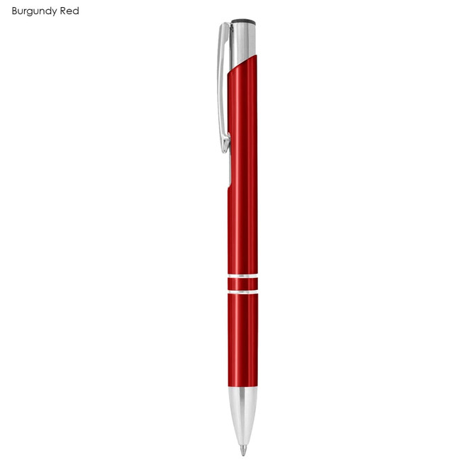 A burgundy red metal pen with silver accents and a clip, featuring a sleek design.