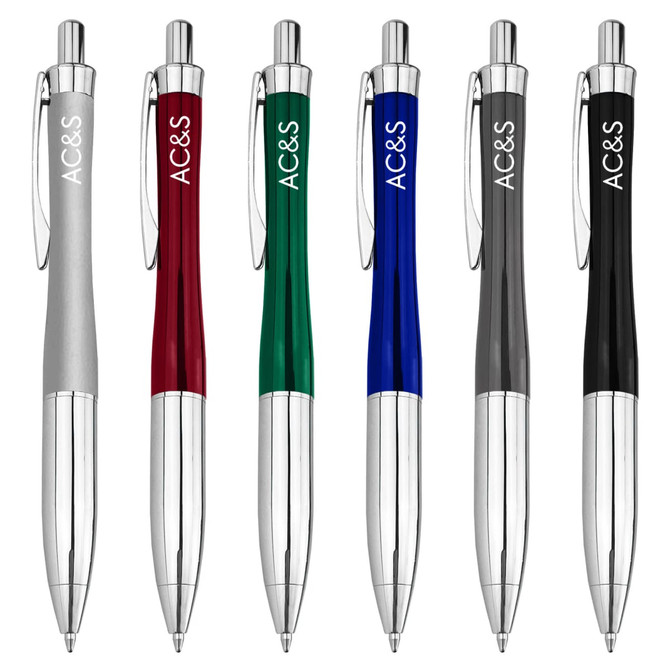 A collection of six metal pens in silver, red, green, blue, grey, and black, featuring a branding logo on each.