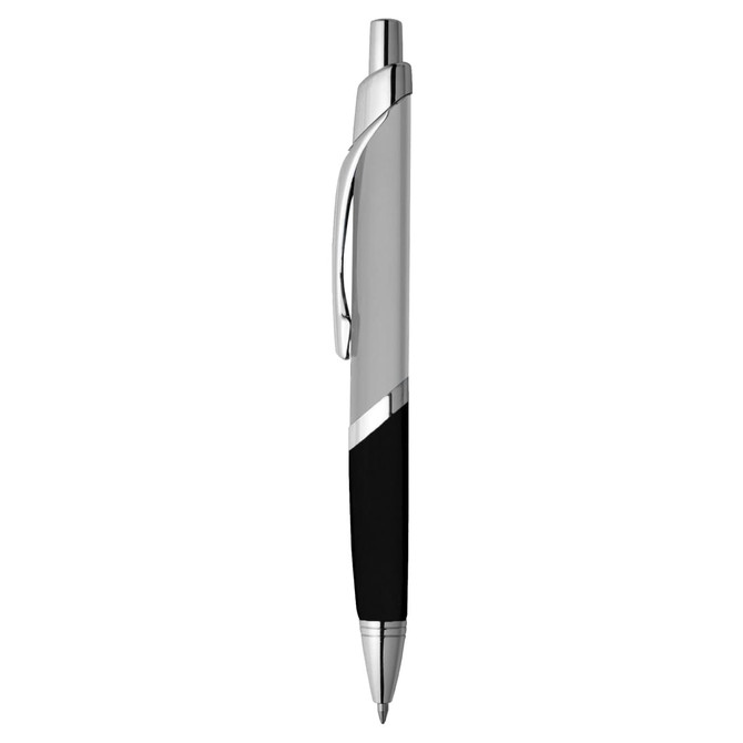 A silver and black metal pen with a sleek design and a clip, featuring a branding logo.