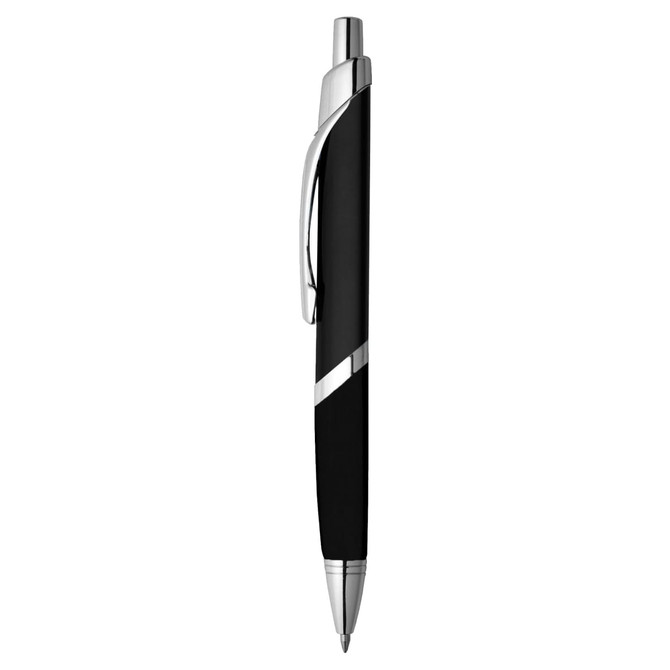 A sleek black metal pen with silver accents and a logo. Ideal for professional settings.