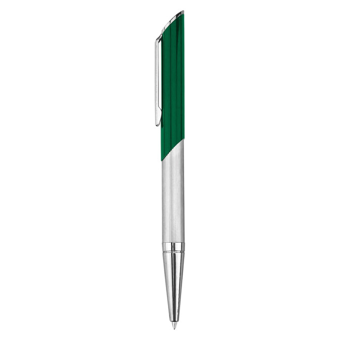 A metal pen with a green and silver design, featuring a clip and a textured grip. It has a logo on the body.