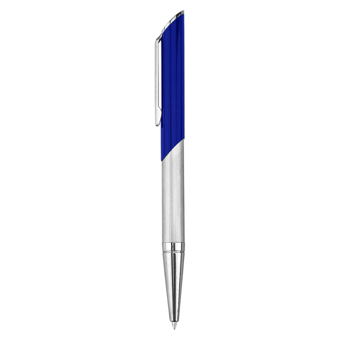 A metal pen with a sleek blue barrel and silver accents, featuring a clip and a branded logo.