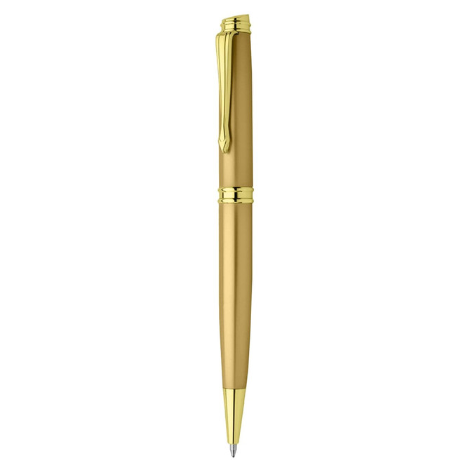 A metallic gold pen with a sleek design and a clip, featuring a logo on its body.