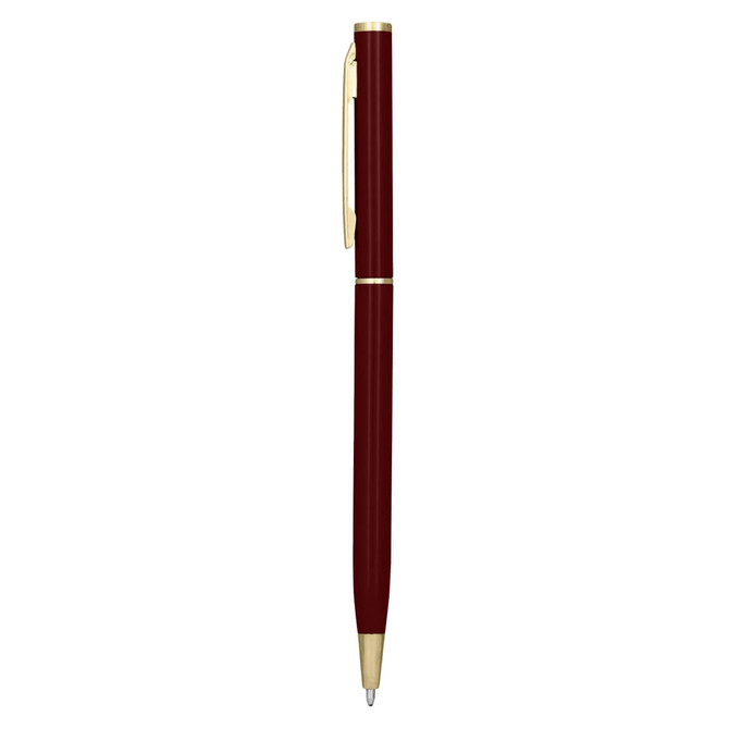 A metal pen in deep red with gold accents and a clasp, featuring a logo on the barrel.