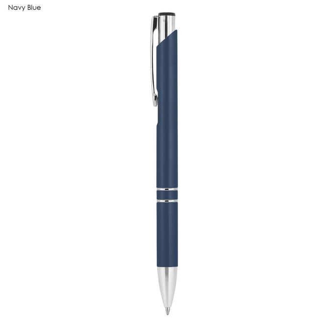 A metal pen in navy blue with a silver clip and accents, featuring a smooth design and branding.