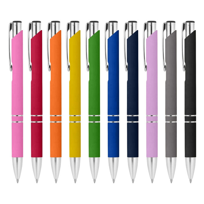 A set of ten metal pens in pink, red, orange, yellow, green, blue, navy, purple, black, and grey, each featuring a logo.